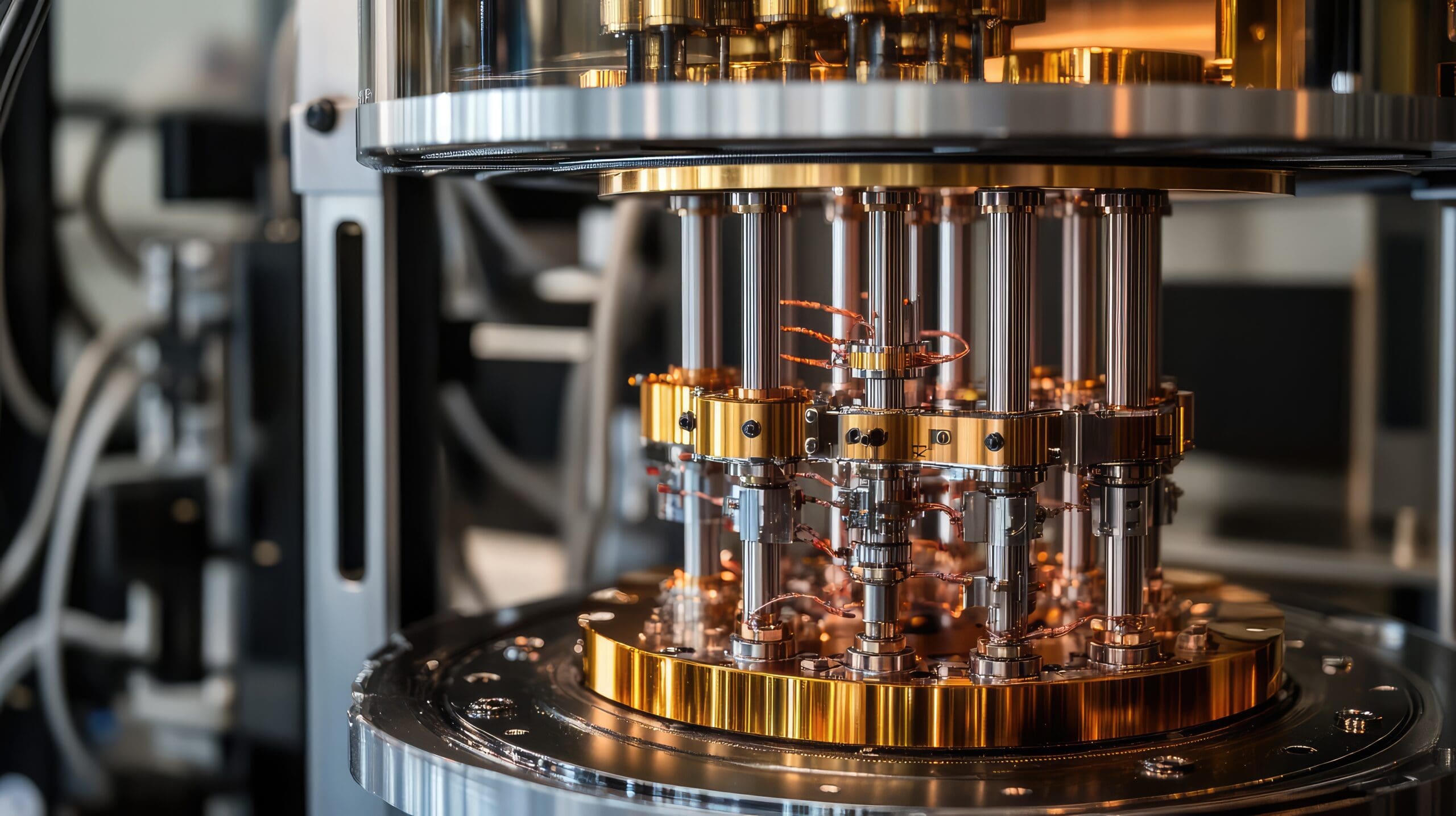 mehrstöckige Quantencomputer-Hardware mit Goldringen und Metallsäulen