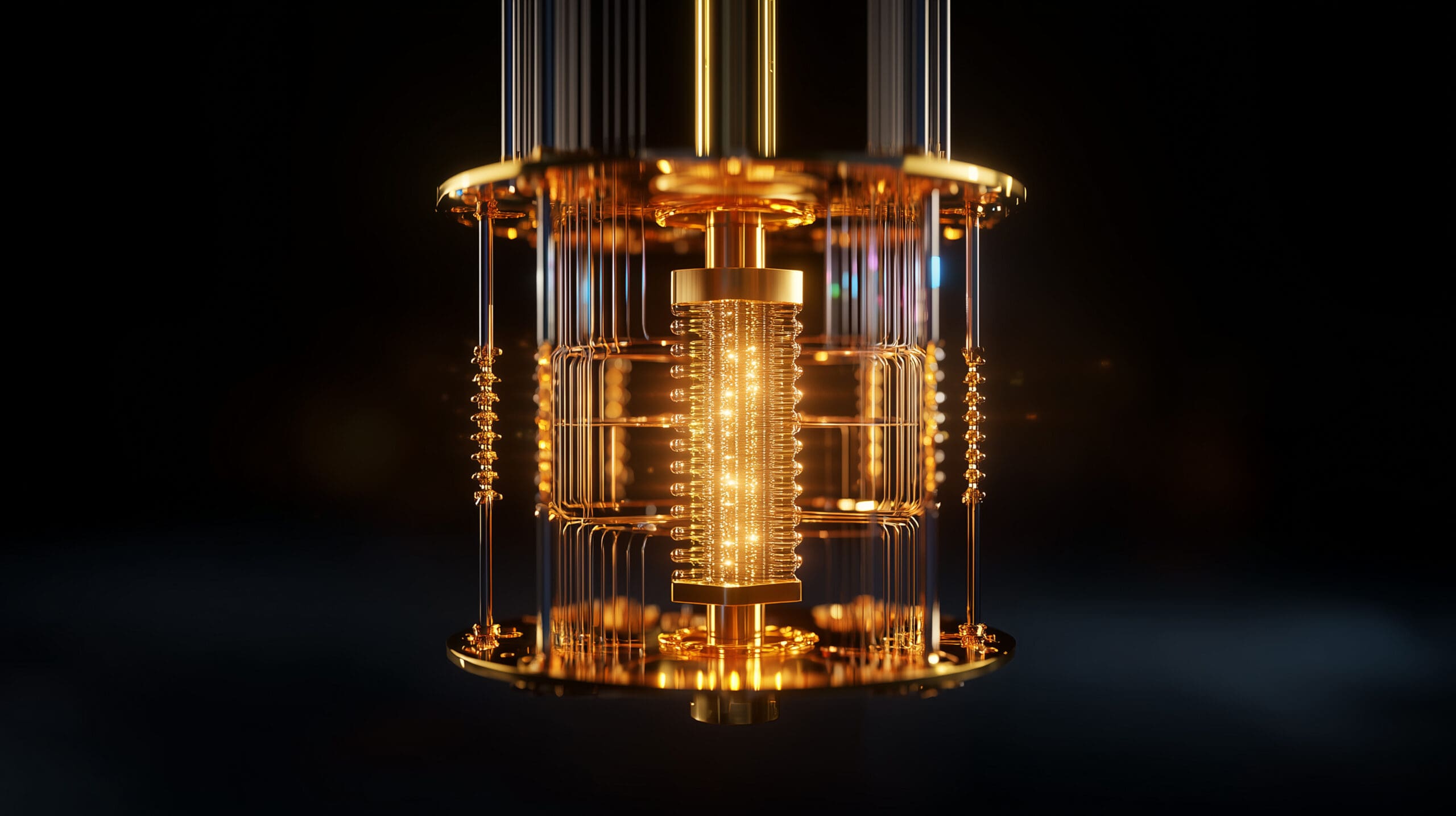 goldener, eleganter Quantencomputer-Zylinder auf schwarzem Hintergrund
